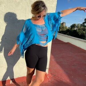 Blue Fringe Knit Top